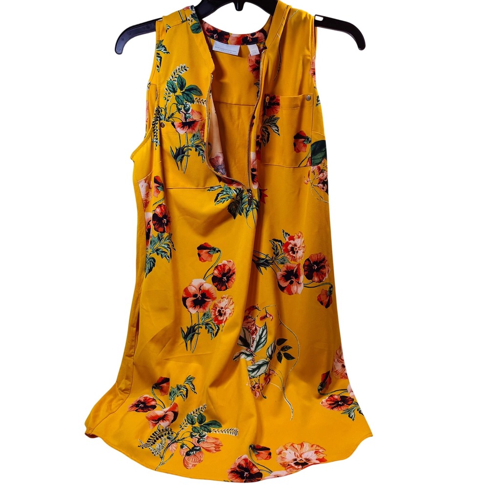 New York & Company Yellow Floral Zip Front Sleeveless Blouse Mixed Media Medium